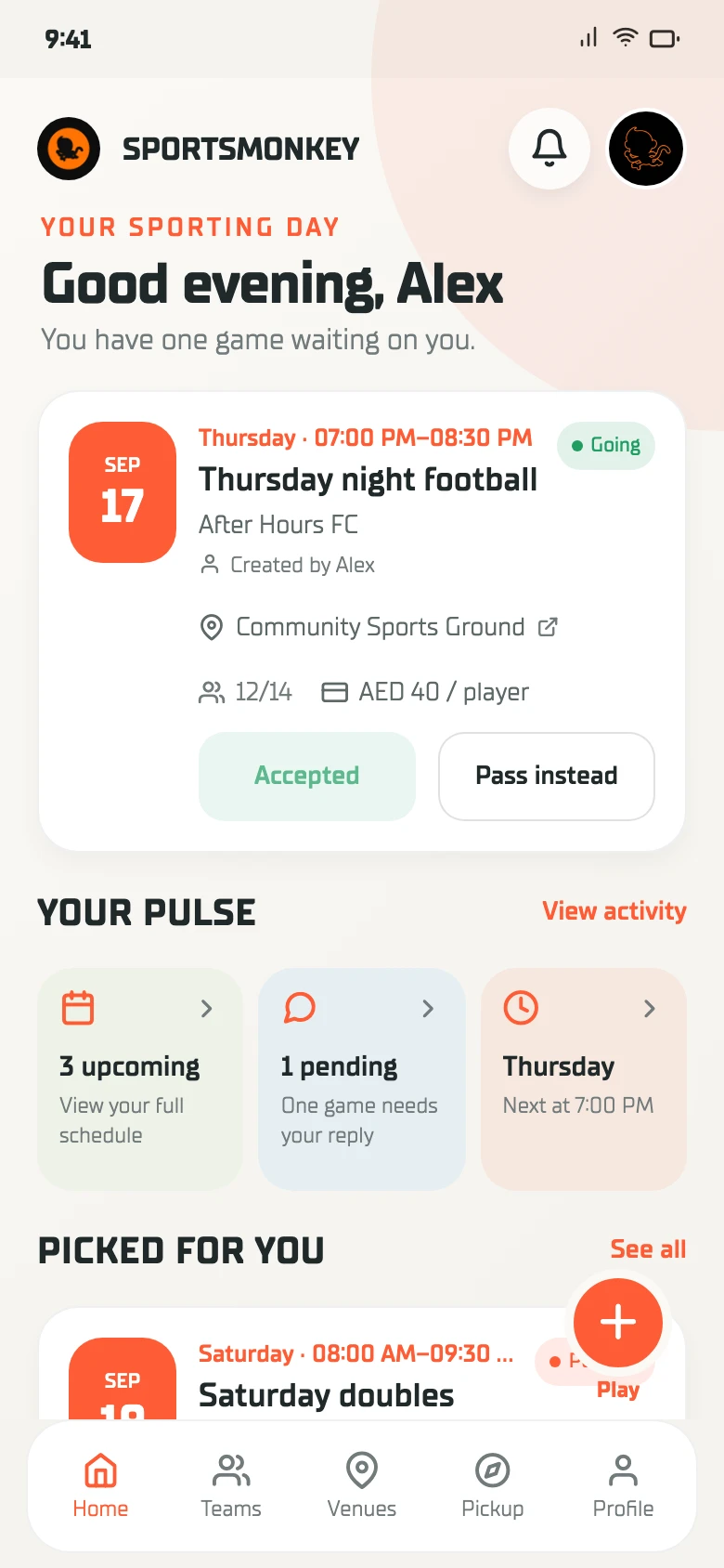 SportsMonkey Home in the latest app design, showing an example football game, RSVPs and upcoming plans